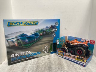 HOT WHEELS REMOTE CONTROL UNSTOPPABLE TIGER SHARK MONSTER TRUCK TO INCLUDE SCALETRIX GINETTA SHOWDOWN SET - RRP £129: LOCATION - C 9