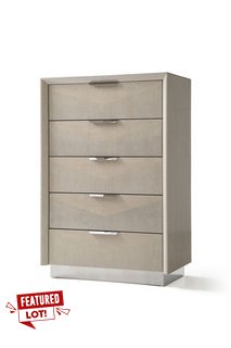 LUCIA 5 DRAWER CHEST IN GLOSS CREAM WALNUT WOOD - RRP £1,039: LOCATION - B1