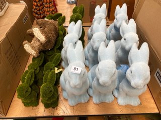 QTY OF ASSORTED SIZES/COLOURS MOSS FEEL COVERED ORNAMENTAL RABBITS IN LARGE & SMALL TO ALSO INCLUDE SMALL CHRISTMAS BEAR ORNAMENT MADE FROM STRAW: LOCATION - BT3