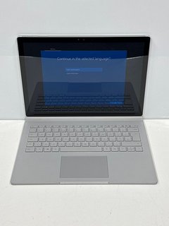 MICROSOFT SURFACE BOOK 128 GB LAPTOP IN SILVER: MODEL NO 1703 (WITH MAINS CHARGER UNIT). INTEL CORE I5-6300U CPU @ 2.40GHZ, 8.00 GB RAM, 13.5" SCREEN, INTEL HD GRAPHICS 520 [JPTM117411]