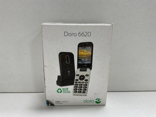 DORO 6620 PHONE IN RED & WHITE. (WITH BOX & ALL ACCESSORIES). (SEALED UNIT). [JPTM116828]