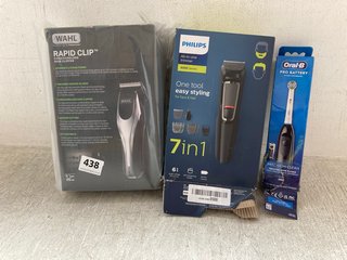 3 X ASSORTED ITEMS TO INCLUDE WAHL RAPID CLIP CORD/CORDLESS HAIR CLIPPERS: LOCATION - A17