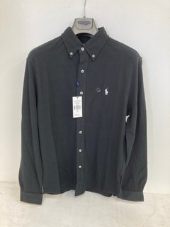 RALPH LAUREN MENS CLASSIC LOGO PRINT LONG SLEEVED BUTTON UP SHIRT IN BLACK SIZE: M RRP - £129: LOCATION - WHITE BOOTH