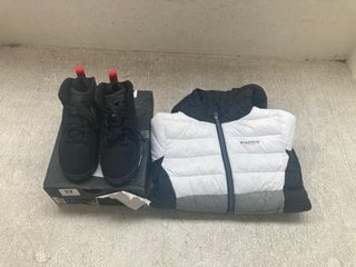 NIKE JORDAN MVP PS TRAINER IN BLACK/UNIVERSITY RED/ WHITE SIZE UK 11 AND MCKENZIE MICRO RAIN JACKET IN BLACK WHITE AND GREY SIZE UK 24-36 MONTHS: LOCATION - A1