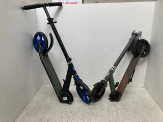 2 X ASSORTED FOLD DOWN METAL SCOOTERS IN BLACK/BLUE/RED: LOCATION - C8