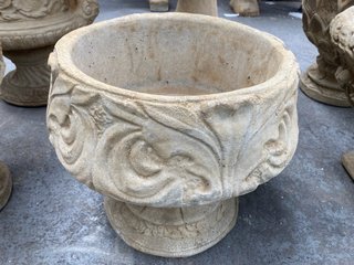 (COLLECTION ONLY) NATURAL STONE CHALICE STYLE GARDEN PLANTER IN ORNATE FLORAL DESIGN: LOCATION - B5