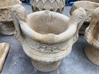 (COLLECTION ONLY) NATURAL STONE PEDESTAL STYLE CHALICE GARDEN PLANTER IN ORNATE DESIGN: LOCATION - B5