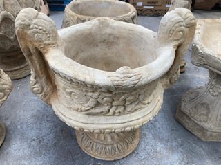 (COLLECTION ONLY) NATURAL STONE PEDESTAL STYLE CHALICE GARDEN PLANTER IN ORNATE DESIGN: LOCATION - B5