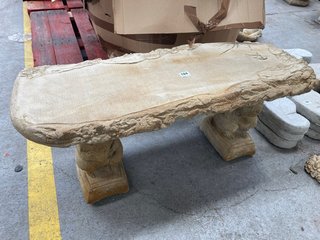 (COLLECTION ONLY) NATURAL STONE 2 SEATER GARDEN BENCH SEAT IN WOOD LOG DESIGN TOP WITH SQUIRRELL PEDESTALS: LOCATION - B5