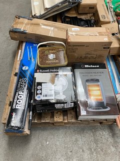 PALLET OF ASSORTED ITEMS TO INCLUDE BELACO HALOGEN HEATER AND 125W AIR COMPRESSOR: LOCATION - B7 (KERBSIDE PALLET DELIVERY)