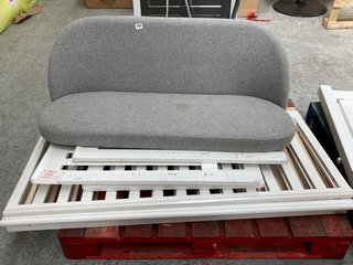 MARKS & SPENCER 2 SEATER GREY FABRIC HIGH BACK BENCH (MISSING LEGS): LOCATION - A6