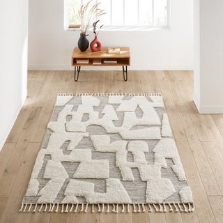 LA REDOUTE LAUNITY GRAPHIC FRINGED WOOL AND COTTON RUG. SIZE: 200X290CM. RRP - £500: LOCATION - D6