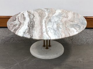 FLEET COFFEE TABLE IN FANTASY BROWN MARBLE TOP, WHITE MARBLE BASE & BRASS LEGS - RRP £595: LOCATION - C2