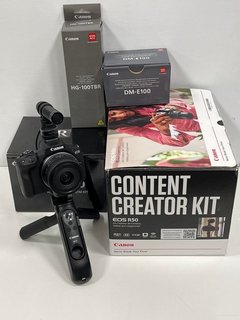 CANON EOS R50 CONTENT CREATOR KIT 24.2 MEGAPIXELS MIRRORLESS CAMERA (ORIGINAL RRP - £849.99) IN BLACK: MODEL NO DS126877 WITH RF-S 18-45MM F4.5-6.3 IS STM LENS (BOXED WITH TRIPOD GRIP, MICROPHONE, BA