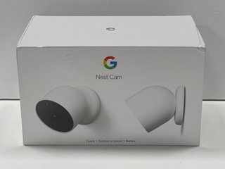 GOOGLE NEST CAM, 2 PACK OUTDOOR OR INDOOR BATTERY POWERED SECURITY CAMERA IN SNOW. (WITH BOX AND ALL ACCESSORIES) [JPTM117499]. (SEALED UNIT). THIS PRODUCT IS FULLY FUNCTIONAL AND IS PART OF OUR PREM