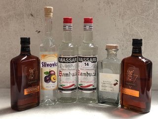 6 X ASSORTED ALCOHOLIC SPIRITS TO INCLUDE MASSARI SAMBUCA LIQUEUR 70CL 40% VOL. TO INCLUDE SLIVOVICA PLUM BRANDY 50CL 42% VOL (WE OPERATE A CHALLENGE 25 POLICY. 18+ ID MAY BE REQUIRED UPON COLLECTION