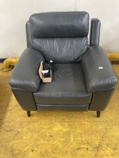 1 X ELECTRIC LEATHER ARMCHAIR, DARK GREY, CABLES INCLUDED (1 X ARM DAMAGED)