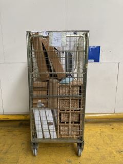 1 X CAGE OF VARIOUS ITEMS TO INCLUDE A 4 X DRAWER WHICKER UINT & LEIFHEIT IRONING BOARD (CAGE NOT INCLUDED)
