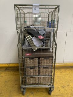 1 X CAGE OF VARIOUS STORAGE SHELIVING/UNITS TO UNCLUDE 2 X BEECH VALET STANDS (CAGE NOT INCLUDED)