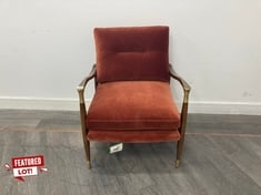 THEODORE HANDCRAFTED SOLID BIRCH FRAME ARMCHAIR UPHOLSTERED IN VELVET RUST WITH CAST BRASS-DETAIL ARMS RRP- £995 (COLLECTION OR OPTIONAL DELIVERY)