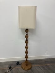 FELIX STAINED SOLID ASH SCULPTURAL STACKED BEAD DETAIL FLOOR LAMP WITH NATURAL LINEN SQUARE SHADE RRP- £850 (COLLECTION OR OPTIONAL DELIVERY)