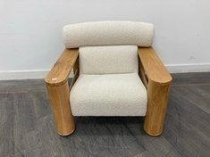 DILLON SOLID OAK FRAME ARMCHAIR WITH BRASS ACCENTS IN UPHOLSTERED BOUCLE RRP- £895 (COLLECTION OR OPTIONAL DELIVERY)