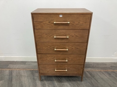 WALTON OAK AND OAK VENEER DARK BROWN STAIN 5 DRAWER DRESSER WITH DOVETAIL DRAWERS WITH SOFT-CLOSE RUNNERS & BRASS STILETTO LEGS RRP- £1995 (COLLECTION OR OPTIONAL DELIVERY)