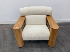 DILLON SOLID OAK FRAME ARMCHAIR WITH BRASS ACCENTS IN UPHOLSTERED BOUCLE RRP- £895 (COLLECTION OR OPTIONAL DELIVERY)