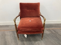 THEODORE HANDCRAFTED SOLID BIRCH FRAME ARMCHAIR UPHOLSTERED IN VELVET RUST WITH CAST BRASS-DETAIL ARMS RRP- £995 (COLLECTION OR OPTIONAL DELIVERY)