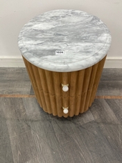 CARLISLE SOLID OAK RIDGED DESIGN TWO DRAWER BEDSIDE TABLE WITH WHITE CARRARA MARBLE TOP & HANDLES RRP- £995 (COLLECTION OR OPTIONAL DELIVERY)