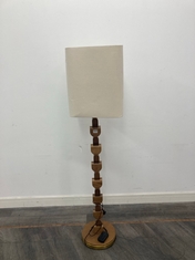 FELIX STAINED SOLID ASH SCULPTURAL STACKED BEAD DETAIL FLOOR LAMP WITH NATURAL LINEN SQUARE SHADE RRP- £850 (COLLECTION OR OPTIONAL DELIVERY)