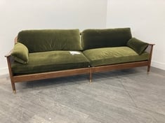 ATLANTA SOLID OAK 4 SEATER SOFA UPHOLSTERED IN VELVET OLIVE WITH NATURAL RATTAN PANELLING & ANTIQUE BRASS DETAILING CAPPED FEET RRP- £3795 (COLLECTION OR OPTIONAL DELIVERY)