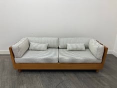 JOHANNA IROKO WOOD AND HARRIET BLUE STRIPE FABRIC SOFA SUITABLE FOR INDOOR & OUTDOOR USE RRP- £8995 (COLLECTION OR OPTIONAL DELIVERY)