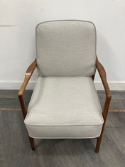 ELEONORA SHOW WOOD IKORO SLATTED-FRAME CHAIR IN SUNBRELLA LIGHT GREY FABRIC SUITABLE FOR INDOOR & OUTDOOR USE RRP- £1895 (COLLECTION OR OPTIONAL DELIVERY)