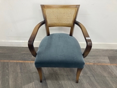 MOLINA BEECH WOOD FRAME DINING CHAIR UPHOLSTERED IN GREY BLUE VELVET AND CANE BACK RRP- £625 (COLLECTION OR OPTIONAL DELIVERY)