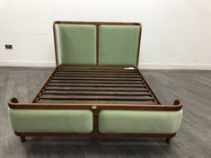 BELSA KING SIZE MID-CENTURY STYLE SOLID OAK BED FRAME WITH UPHOLSTERED VELVET SAGE HEADBOARD & FOOTBOARD RRP- £2595 (COLLECTION OR OPTIONAL DELIVERY) (KERBSIDE PALLET DELIVERY)