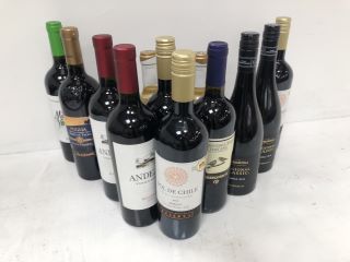 12 X ASSORTED BOTTLES OF WINE TO INCLUDE VESEVO, SOL DE CHILE, TORREQUERCIE AND DE BORTOLI (PLEASE NOTE: 18+YEARS ONLY. STRICTLY NO COURIER REQUESTS. COLLECTIONS FROM BA SALEROOM FROM THURSDAY 13TH -