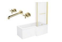 APPROX 1700MM RIGHT HAND L SHOWER BATH AND LEGSET TO INCLUDE GOLD SCREEN TO INCLUDE GOLD TAP - TOTAL LOT RRP £1407 (COLLECTION OR OPTIONAL DELIVERY) (KERBSIDE PALLET DELIVERY)