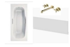 SINGLE ENDED STEEL BATH APPROX 1800 X 800MM WITH 2 TAPHOLES TO INCLUDE MDI HIGH GLOSS BATH PANEL BATH FRONT TO INCLUDE PLINTH 1800MM TO INCLUDE BRUSHED BRASS BATH FILLER - TOTAL LOT RRP £954 (COLLECT