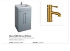 IDON 500MM 2 DOOR VANITY UNIT IN GREY TO INCLUDE BASIN TO INCLUDE BRUSHED BRASS TAP - TOTAL LOT RRP £553 (COLLECTION OR OPTIONAL DELIVERY)