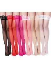 QTY OF ITEMS TO INLCUDE ASSORTED WOMEN’S CLOTHING TO INCLUDE GEYOGA 6 PAIRS THIGH HIGH STOCKINGS LACE TIGHTS SILKY SEMI SHEER STOCKING FOR WOMEN GIRLS (BLACK, WHITE, SKIN COLOR, RED, ROSE RED, PINK),