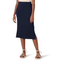 QTY OF ITEMS TO INLCUDE BOX OF ASSORTED CLOTHING TO INCLUDE ESSENTIALS WOMEN'S PULL-ON KNIT MIDI SKIRT (AVAILABLE IN PLUS SIZES), NAVY, 4XL PLUS, ESSENTIALS MEN'S CLASSIC-FIT WRINKLE-RESISTANT FLAT-F