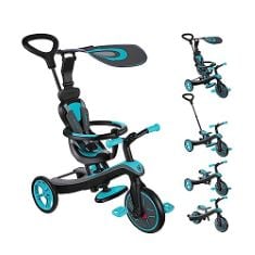 GLOBBER 4 IN 1 EXPLORER TRIKE AND BALANCE BIKE WITH HARNESS AND SEAT - ADJUSTABLE SUNSHADE - PARENTAL STEERING HANDLE - SAFETY STEERING LOCK SYSTEM- SUITABLE FROM 10 MONTHS - 2 YEAR WARRANTY…. (DELIV