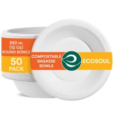 25 X ECO SOUL PEARL WHITE ROUND 350 ML(12OZ) BAGASSE BOWLS, 10X TIMES STURDY THAN PAPER PLATES(PACK OF 50), DISPOSABLE TABLEWARE, 100% COMPOSTABLE, ECO FRIENDLY ALTERNATIVE TO PLASTIC BOWLS, MICROWAV