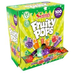 QTY OF ITEMS TO INLCUDE BOX OF ASSORTED FOOD TO INCLUDE SWIZZELS FRUITY POPS DISPENSER BOX, VEGAN FRIENDLY SWEETS, (100 LOLLIPOPS PER BOX), WILD WEST JALAPENO FLAVOUR BEEF JERKY 35 GRAMS PACK. (DELIV