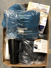 BOX OF ASSORTED HOUSEHOLD ITEMS TO INCLUDE LEWIS`S WAFFLE THROW 125X150CM TEAL (DELIVERY ONLY)