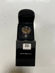 EMPORIO ARMANI SILVER STEEL WATCH, QUARTZ MOVEMENT, WATERPROOF 30M, BLACK DIAL BACKGROUND, NUMERAL INDEXES & EMBOSSED LEATHER STRAP RRP- £169 (DELIVERY ONLY)