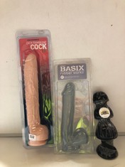 3 X ASSORTED ADULT TOYS TO INCLUDE BASIX RUBBER WORKS 12" DONG WITH SUCTION CUP 18+ ONLY PROOF OF ID (DELIVERY ONLY)