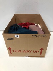 BOX OF ASSORTED ADULT CLOTHING TO INCLUDE STR LONG SLEEVE TOP RED SIZE EUR-XL TEEN (DELIVERY ONLY)