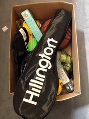 BOX OF ASSORTED SPORTS ITEMS TO INCLUDE HILLINGTON BADMINTON SET (DELIVERY ONLY)